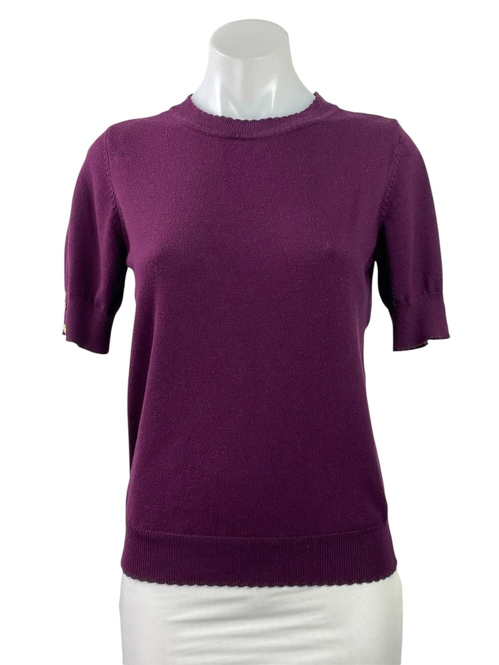 Anne Klein Women's Purple Short Sleeve Crew Neck Gold Button Sweater Top Size S